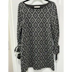LOFT Womens M Gray Diamond Print Sweater Dress Tie Cuff Sleeve Boat Neck